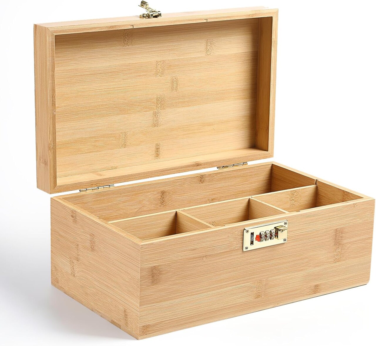 Bamboo Storage Box, 13.8" x 8" x 6" Extra Large Wooden Storgae Organizer with Combination Lock, Versatile Storage Contaniers with Adjustable Compartments for Home Office Jewelry Keepsakes
